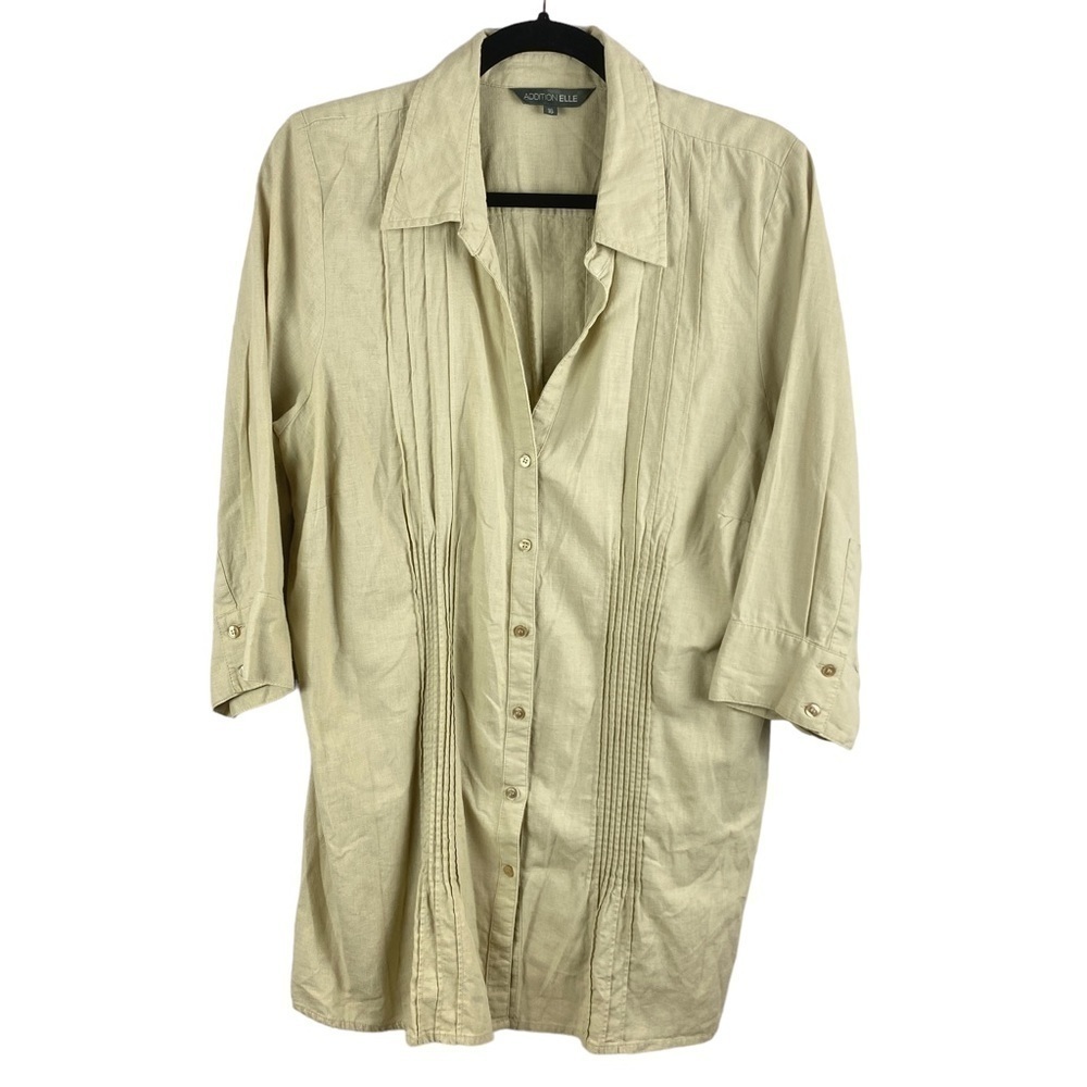 ✨3/$21✨Addition Elle Linen Blend Tunic Blouse Beige Pintuck Button Front Size 16